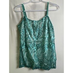 Womens Green Sequin Camisole Top Sparkle Adjustable Spaghetti Strap Sz M